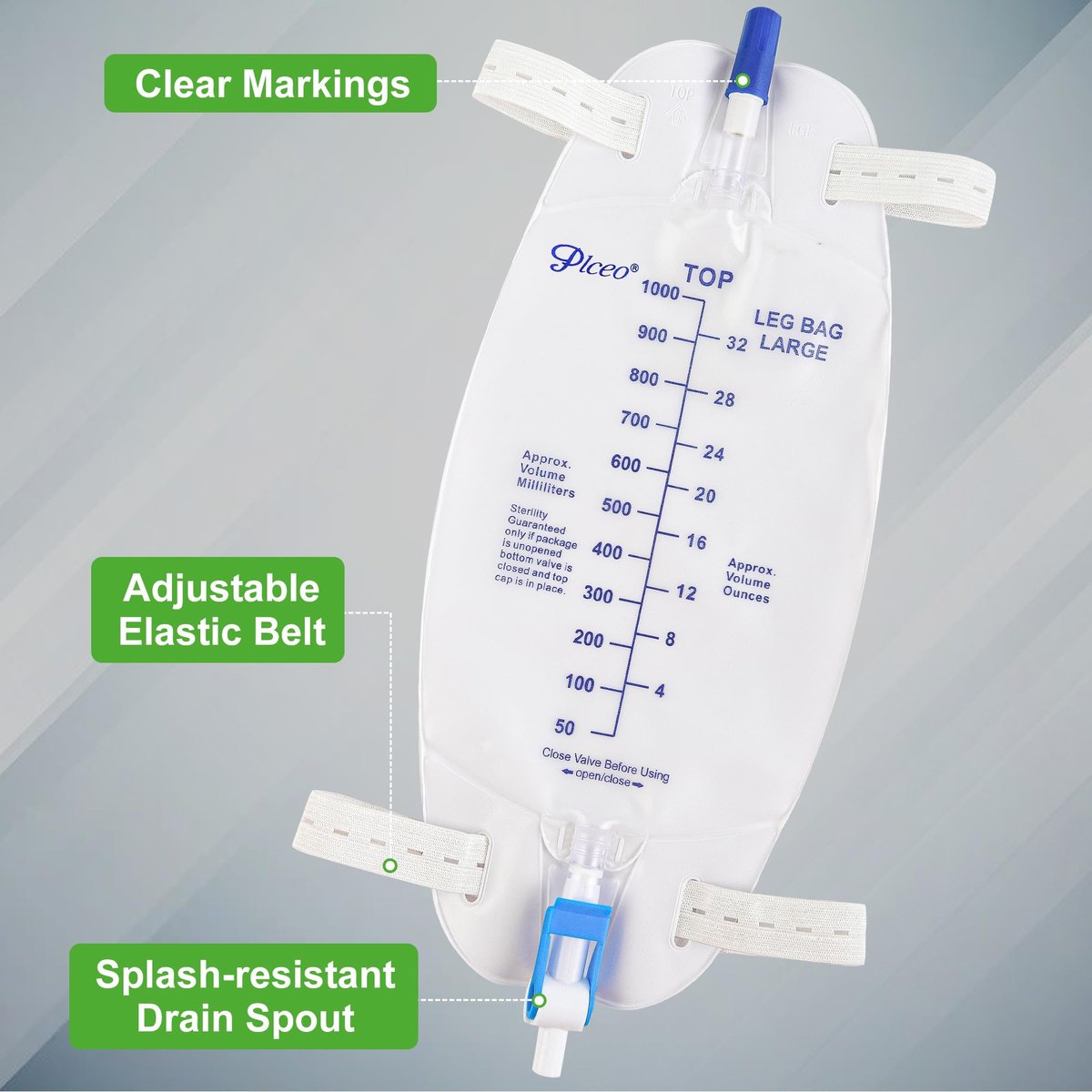 Easy-Tap Beinbeutel Urinbeutel 1000ml, mit Rückflussventil, Stoffbändern und Easy-Flip-Ablass (3er-Pack)