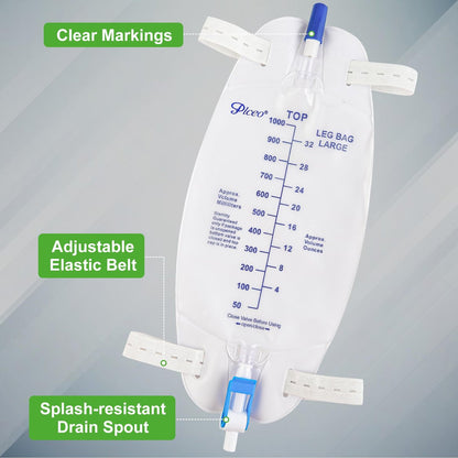 Easy-Tap Beinbeutel Urinbeutel 1000ml, mit Rückflussventil, Stoffbändern und Easy-Flip-Ablass (3er-Pack)
