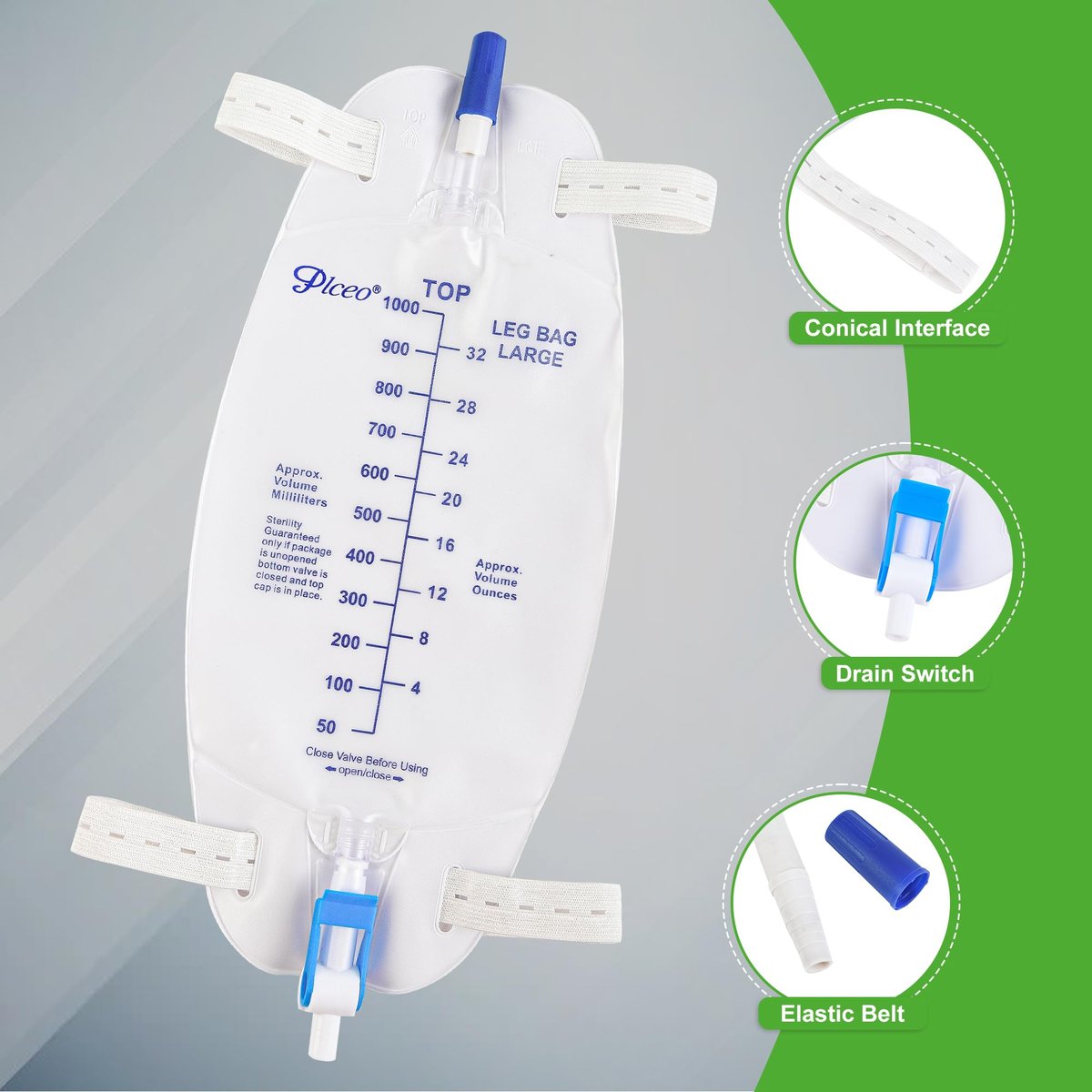 Easy-Tap Beinbeutel Urinbeutel 1000ml, mit Rückflussventil, Stoffbändern und Easy-Flip-Ablass (3er-Pack)