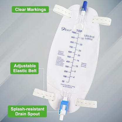 Easy-Tap Beinbeutel Urinbeutel 1000ml, mit Rückflussventil, Stoffbändern und Easy-Flip-Ablass (3er-Pack)