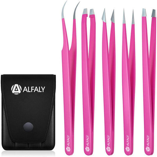 5-teiliges rosa Pinzetten-Set mit Etui – Edelstahl, professionelle scharfe Pinzetten für Damen – Präzisionspinzette für Splitter, eingewachsene Haare und Augenbrauen