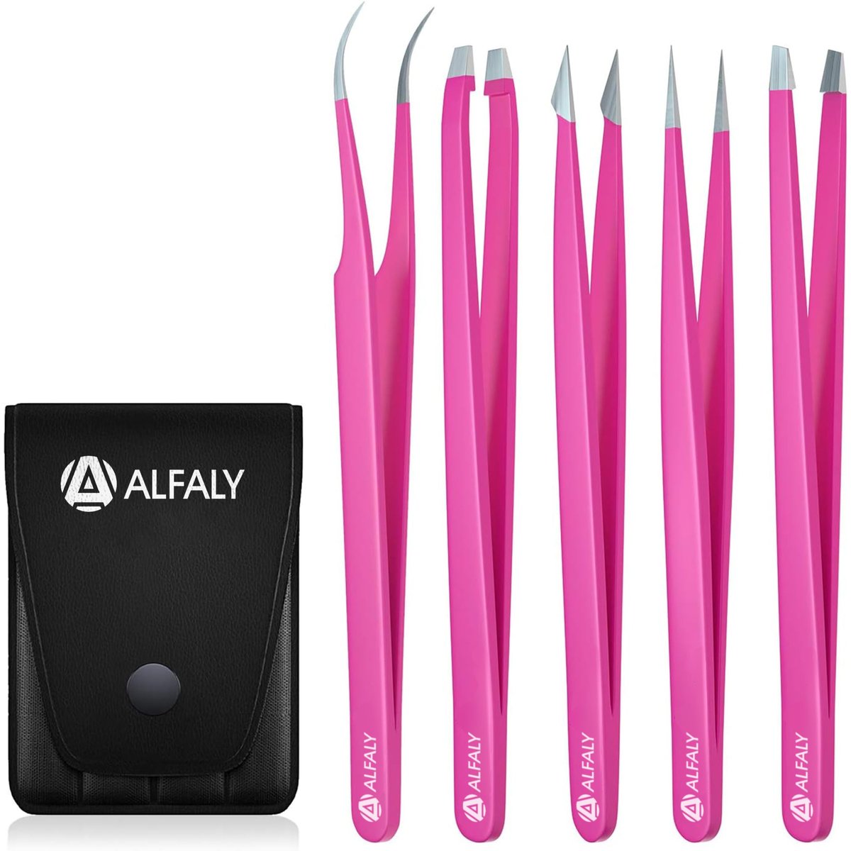5-teiliges rosa Pinzetten-Set mit Etui – Edelstahl, professionelle scharfe Pinzetten für Damen – Präzisionspinzette für Splitter, eingewachsene Haare und Augenbrauen