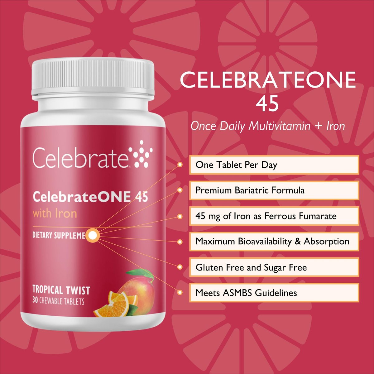 CelebrateONE 45 Bariatrisches Multivitamin mit Eisen – Einmal täglich Kirsche Kautablette für Magenbypass & Schlauchmagen – 45 mg Eisen, 30 Tabletten, 1 Monatsvorrat