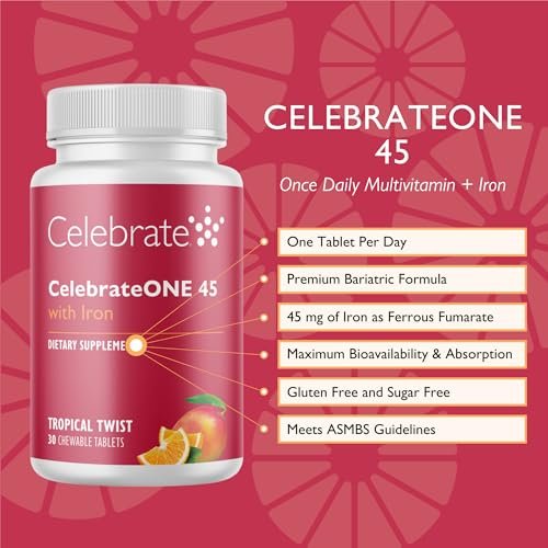 CelebrateONE 45 Bariatrisches Multivitamin mit Eisen – Einmal täglich Kirsche Kautablette für Magenbypass & Schlauchmagen – 45 mg Eisen, 30 Tabletten, 1 Monatsvorrat