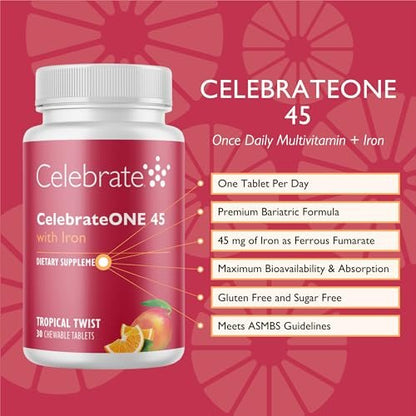 CelebrateONE 45 Bariatrisches Multivitamin mit Eisen – Einmal täglich Kirsche Kautablette für Magenbypass & Schlauchmagen – 45 mg Eisen, 30 Tabletten, 1 Monatsvorrat