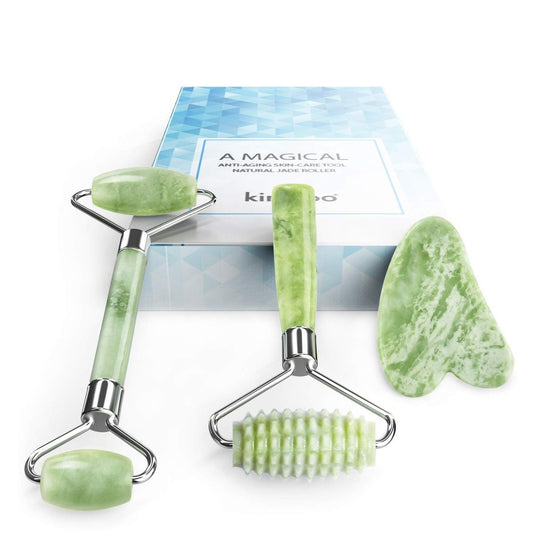 Kimkoo Jade Roller und Gua Sha für das Gesicht – 3-in-1 Set mit natürlichem Jade-Stein, Anti-Aging-Gesichtsbehandlungsset für Augen und Anti-Falten