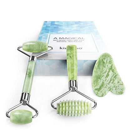 Kimkoo Jade Roller und Gua Sha für das Gesicht – 3-in-1 Set mit natürlichem Jade-Stein, Anti-Aging-Gesichtsbehandlungsset für Augen und Anti-Falten
