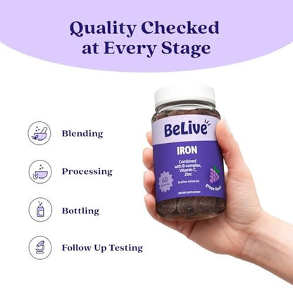BeLive Eisen Gummibärchen - Multivitamin Nahrungsergänzung mit Vitamin C, A, B & Zink, unterstützt Blutsauerstoff, vegane Eisenpräparate für Frauen, Männer & Kinder für Wachstum und Entwicklung - Traubengeschmack | 1-Pack