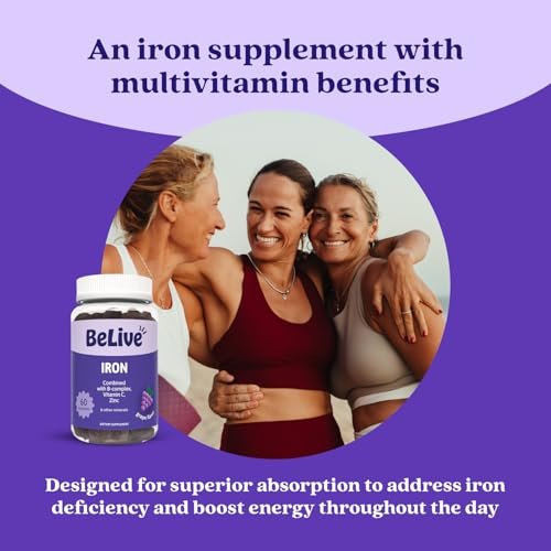 BeLive Eisen Gummibärchen - Multivitamin Nahrungsergänzung mit Vitamin C, A, B & Zink, unterstützt Blutsauerstoff, vegane Eisenpräparate für Frauen, Männer & Kinder für Wachstum und Entwicklung - Traubengeschmack | 1-Pack
