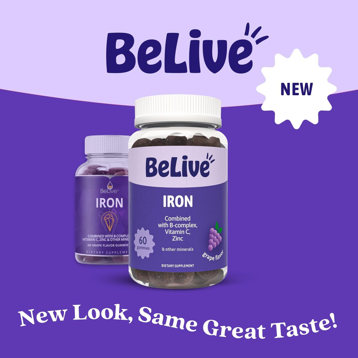 BeLive Eisen Gummibärchen - Multivitamin Nahrungsergänzung mit Vitamin C, A, B & Zink, unterstützt Blutsauerstoff, vegane Eisenpräparate für Frauen, Männer & Kinder für Wachstum und Entwicklung - Traubengeschmack | 1-Pack