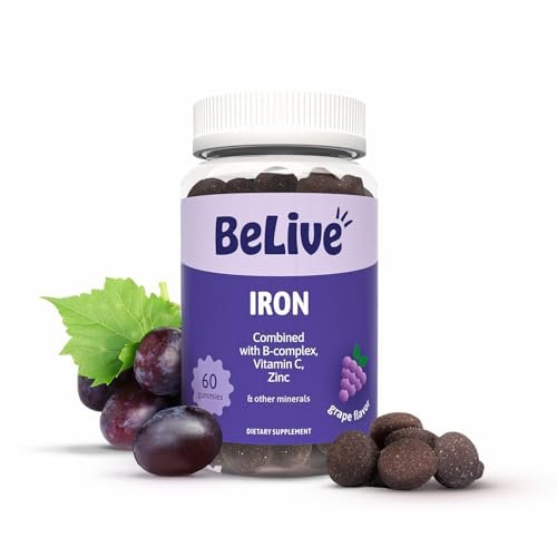 BeLive Eisen Gummibärchen - Multivitamin Nahrungsergänzung mit Vitamin C, A, B & Zink, unterstützt Blutsauerstoff, vegane Eisenpräparate für Frauen, Männer & Kinder für Wachstum und Entwicklung - Traubengeschmack | 1-Pack