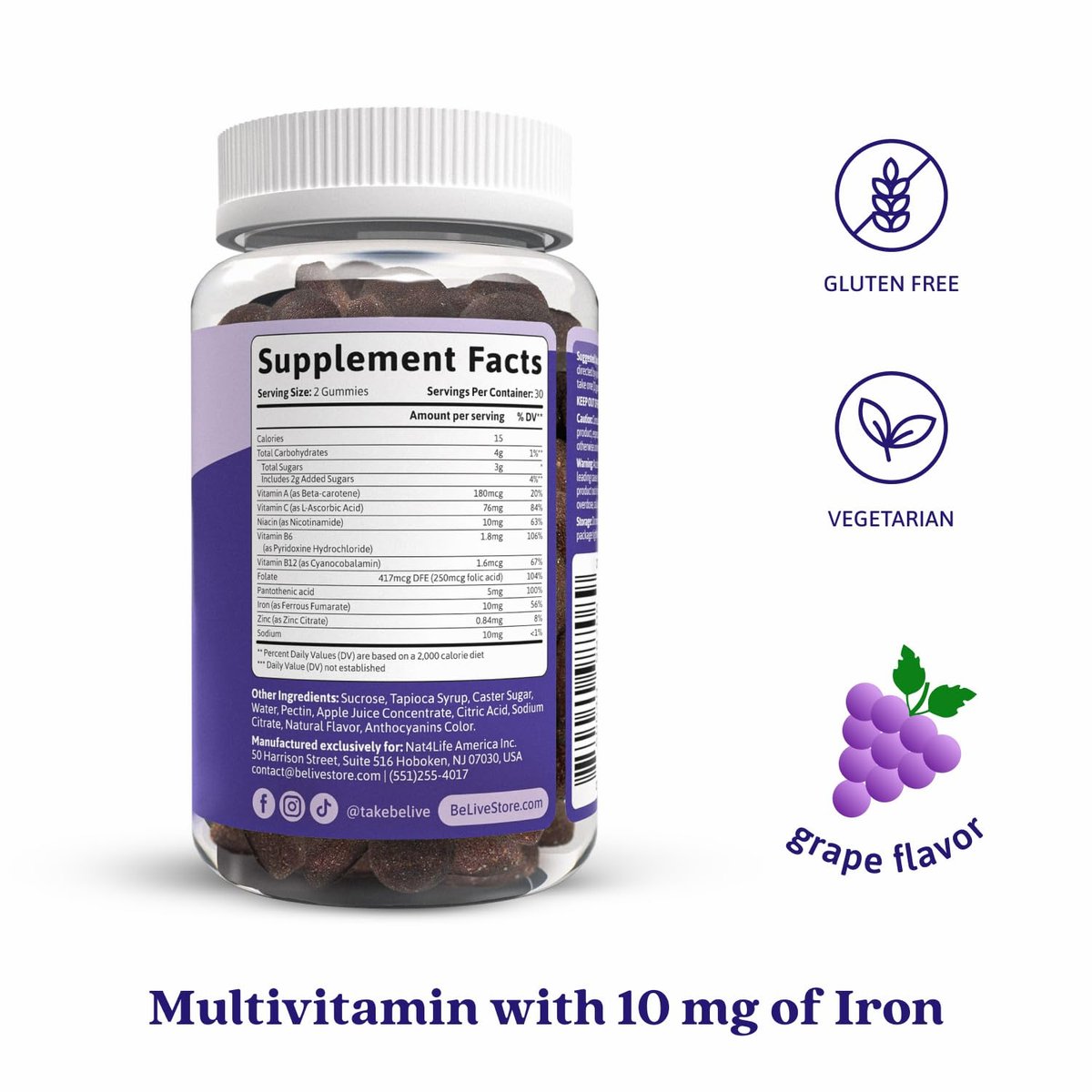 BeLive Eisen Gummibärchen - Multivitamin Nahrungsergänzung mit Vitamin C, A, B & Zink, unterstützt Blutsauerstoff, vegane Eisenpräparate für Frauen, Männer & Kinder für Wachstum und Entwicklung - Traubengeschmack | 1-Pack