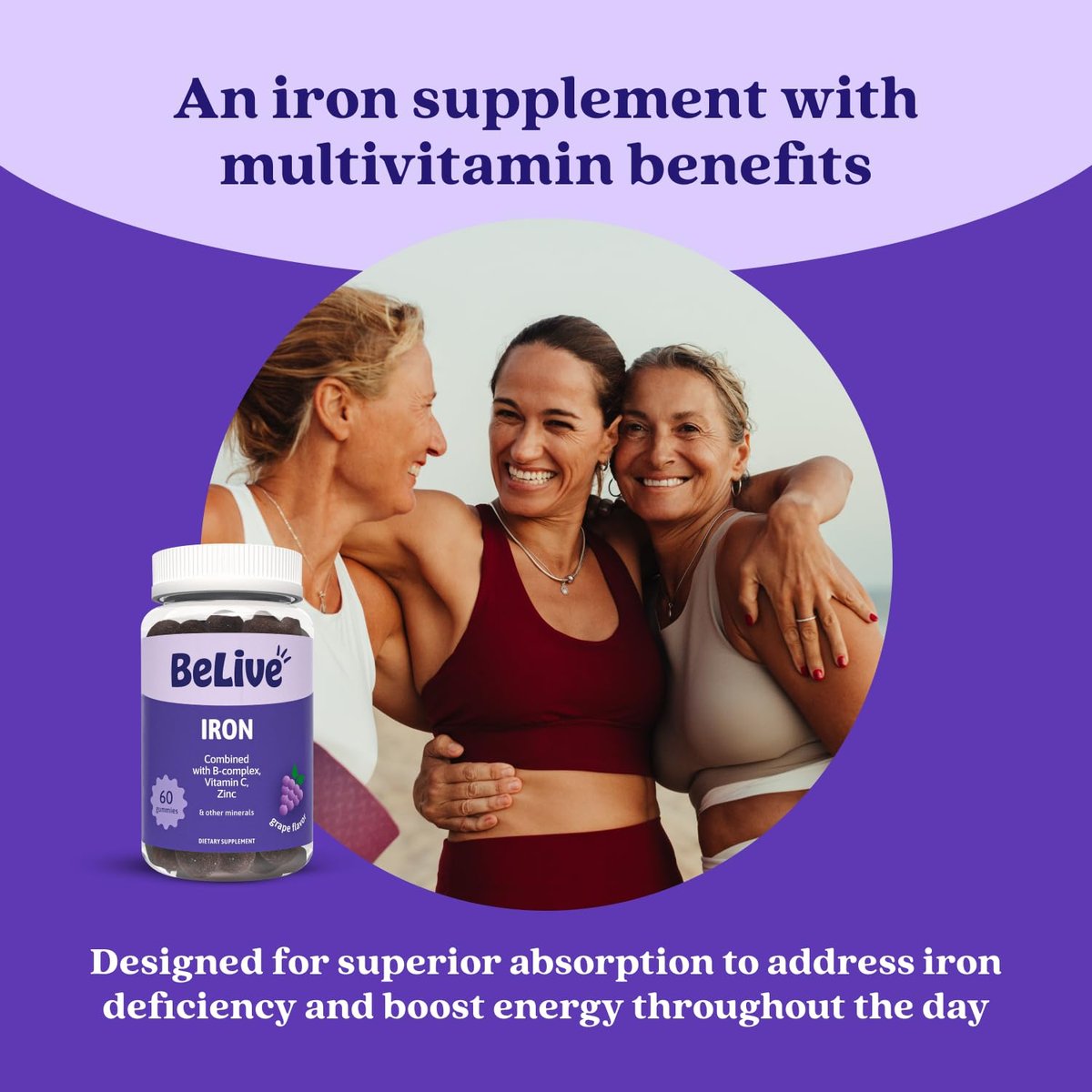 BeLive Eisen Gummibärchen - Multivitamin Nahrungsergänzung mit Vitamin C, A, B & Zink, unterstützt Blutsauerstoff, vegane Eisenpräparate für Frauen, Männer & Kinder für Wachstum und Entwicklung - Traubengeschmack | 1-Pack