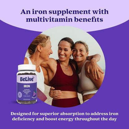 BeLive Eisen Gummibärchen - Multivitamin Nahrungsergänzung mit Vitamin C, A, B & Zink, unterstützt Blutsauerstoff, vegane Eisenpräparate für Frauen, Männer & Kinder für Wachstum und Entwicklung - Traubengeschmack | 1-Pack