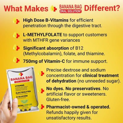 Banana Bag Oral Solution Packets – Natürlicher Limetten-Zitronen-Geschmack 5er-Pack | Erfrischende Mischung aus Elektrolyten, Vitamin C und B-Komplex für tägliche Hydration und Energie | Perfekt für jeden Lebensstil