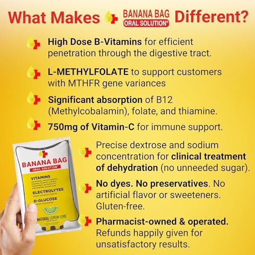 Banana Bag Oral Solution Packets – Natürlicher Limetten-Zitronen-Geschmack 5er-Pack | Erfrischende Mischung aus Elektrolyten, Vitamin C und B-Komplex für tägliche Hydration und Energie | Perfekt für jeden Lebensstil
