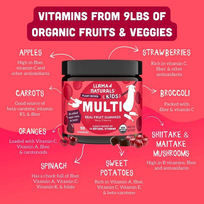 Llama Naturals Kinder Multivitamin Gummis | Aus echten Früchten, ohne zugesetzten Rohrzucker | Bio-vegane Vollwert-Vitamine für Kleinkinder | Vitamin D, C & Beta-Carotin | Kirsche 90 Stück (1-2 Monate)