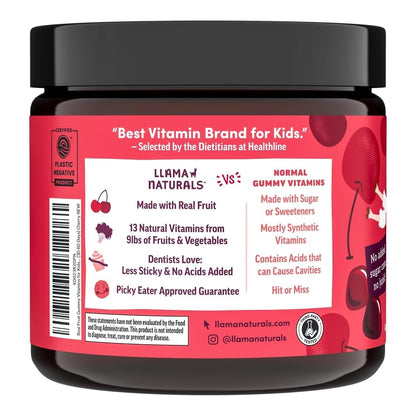 Llama Naturals Kinder Multivitamin Gummis | Aus echten Früchten, ohne zugesetzten Rohrzucker | Bio-vegane Vollwert-Vitamine für Kleinkinder | Vitamin D, C & Beta-Carotin | Kirsche 90 Stück (1-2 Monate)