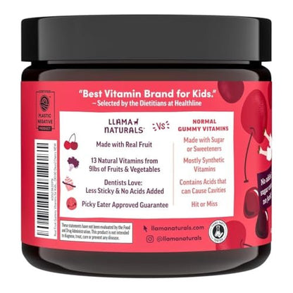 Llama Naturals Kinder Multivitamin Gummis | Aus echten Früchten, ohne zugesetzten Rohrzucker | Bio-vegane Vollwert-Vitamine für Kleinkinder | Vitamin D, C & Beta-Carotin | Kirsche 90 Stück (1-2 Monate)