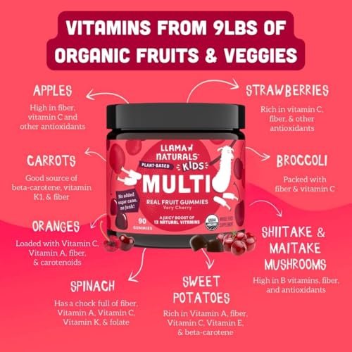 Llama Naturals Kinder Multivitamin Gummis | Aus echten Früchten, ohne zugesetzten Rohrzucker | Bio-vegane Vollwert-Vitamine für Kleinkinder | Vitamin D, C & Beta-Carotin | Kirsche 90 Stück (1-2 Monate)