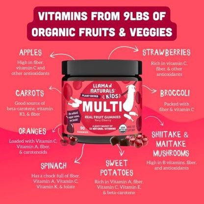 Llama Naturals Kinder Multivitamin Gummis | Aus echten Früchten, ohne zugesetzten Rohrzucker | Bio-vegane Vollwert-Vitamine für Kleinkinder | Vitamin D, C & Beta-Carotin | Kirsche 90 Stück (1-2 Monate)
