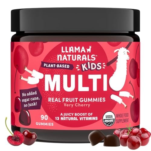 Llama Naturals Kinder Multivitamin Gummis | Aus echten Früchten, ohne zugesetzten Rohrzucker | Bio-vegane Vollwert-Vitamine für Kleinkinder | Vitamin D, C & Beta-Carotin | Kirsche 90 Stück (1-2 Monate)