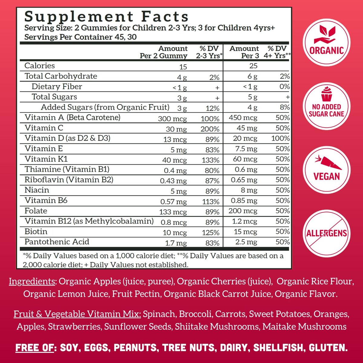 Llama Naturals Kinder Multivitamin Gummis | Aus echten Früchten, ohne zugesetzten Rohrzucker | Bio-vegane Vollwert-Vitamine für Kleinkinder | Vitamin D, C & Beta-Carotin | Kirsche 90 Stück (1-2 Monate)