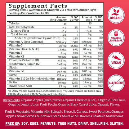 Llama Naturals Kinder Multivitamin Gummis | Aus echten Früchten, ohne zugesetzten Rohrzucker | Bio-vegane Vollwert-Vitamine für Kleinkinder | Vitamin D, C & Beta-Carotin | Kirsche 90 Stück (1-2 Monate)