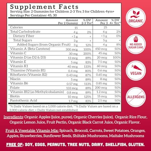 Llama Naturals Kinder Multivitamin Gummis | Aus echten Früchten, ohne zugesetzten Rohrzucker | Bio-vegane Vollwert-Vitamine für Kleinkinder | Vitamin D, C & Beta-Carotin | Kirsche 90 Stück (1-2 Monate)