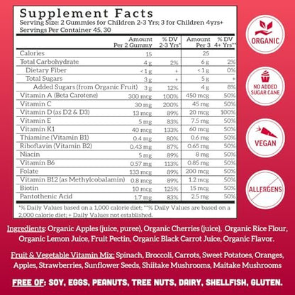 Llama Naturals Kinder Multivitamin Gummis | Aus echten Früchten, ohne zugesetzten Rohrzucker | Bio-vegane Vollwert-Vitamine für Kleinkinder | Vitamin D, C & Beta-Carotin | Kirsche 90 Stück (1-2 Monate)