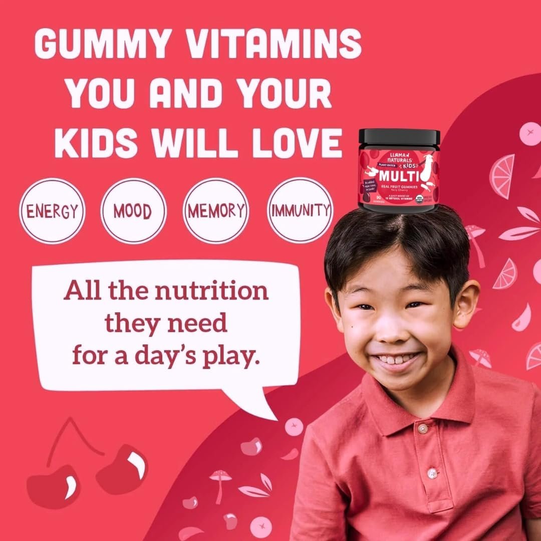 Llama Naturals Kinder Multivitamin Gummis | Aus echten Früchten, ohne zugesetzten Rohrzucker | Bio-vegane Vollwert-Vitamine für Kleinkinder | Vitamin D, C & Beta-Carotin | Kirsche 90 Stück (1-2 Monate)