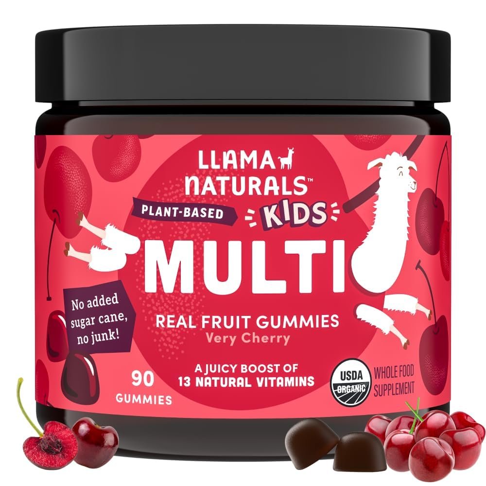 Llama Naturals Kinder Multivitamin Gummis | Aus echten Früchten, ohne zugesetzten Rohrzucker | Bio-vegane Vollwert-Vitamine für Kleinkinder | Vitamin D, C & Beta-Carotin | Kirsche 90 Stück (1-2 Monate)