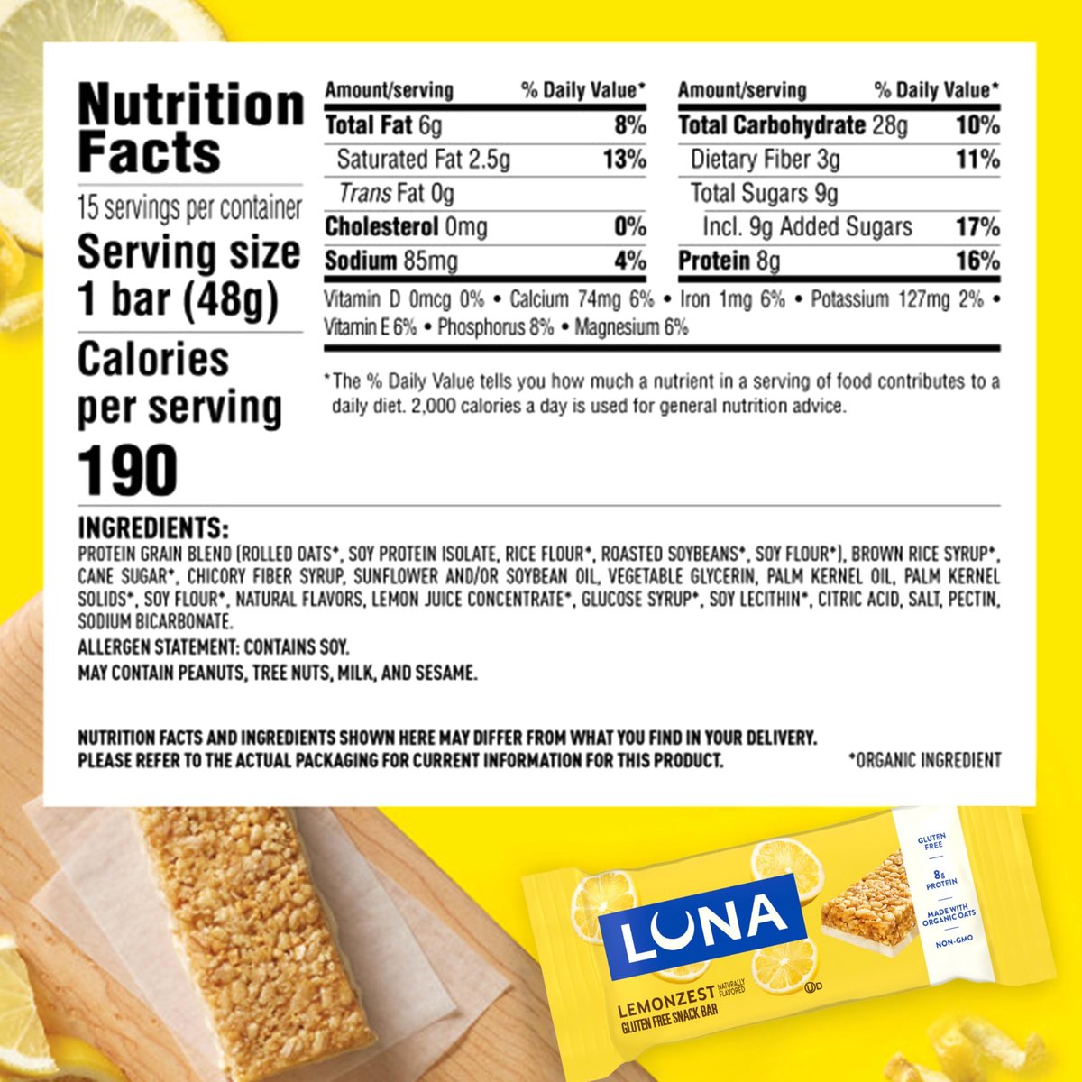 LUNA Bar Lemon Zest – Glutenfreie Snack-Riegel mit Bio-Hafer, 12er-Pack