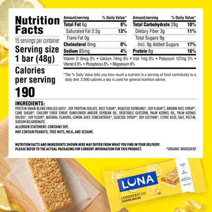 LUNA Bar Lemon Zest – Glutenfreie Snack-Riegel mit Bio-Hafer, 12er-Pack