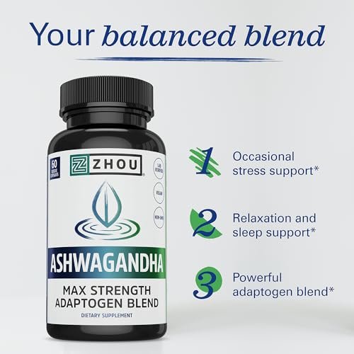 ZHOU Ashwagandha Kapseln – Stimmungsaufheller, Energie-Booster mit Rhodiola, Heiliges Basilikum, Cordyceps, Reishi & Ashwagandha – 60 Kapseln