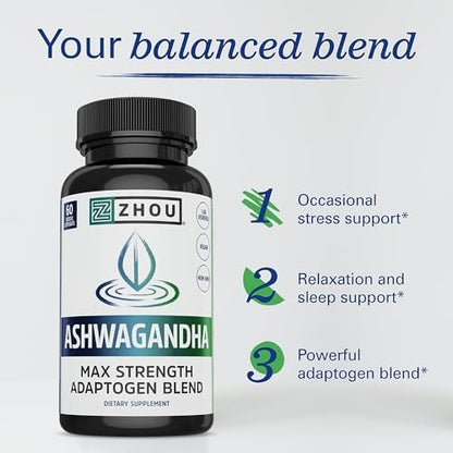 ZHOU Ashwagandha Kapseln – Stimmungsaufheller, Energie-Booster mit Rhodiola, Heiliges Basilikum, Cordyceps, Reishi & Ashwagandha – 60 Kapseln