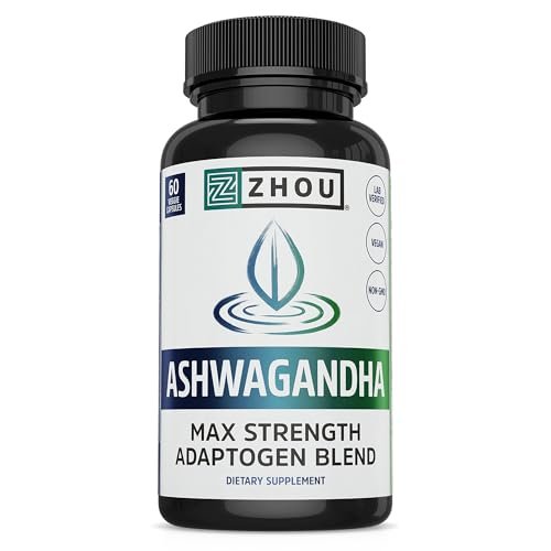 ZHOU Ashwagandha Kapseln – Stimmungsaufheller, Energie-Booster mit Rhodiola, Heiliges Basilikum, Cordyceps, Reishi & Ashwagandha – 60 Kapseln