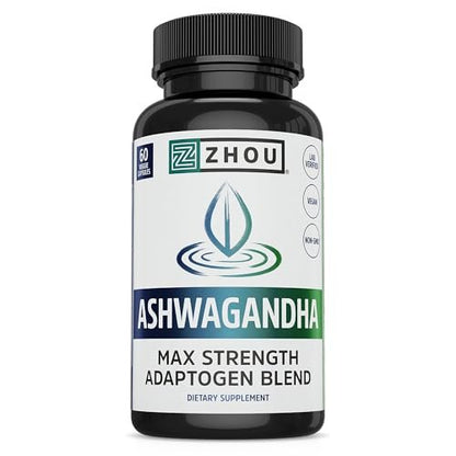 ZHOU Ashwagandha Kapseln – Stimmungsaufheller, Energie-Booster mit Rhodiola, Heiliges Basilikum, Cordyceps, Reishi & Ashwagandha – 60 Kapseln