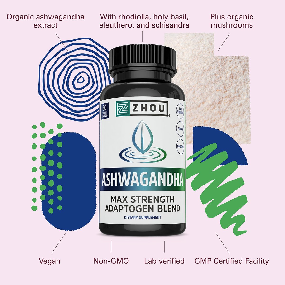 ZHOU Ashwagandha Kapseln – Stimmungsaufheller, Energie-Booster mit Rhodiola, Heiliges Basilikum, Cordyceps, Reishi & Ashwagandha – 60 Kapseln
