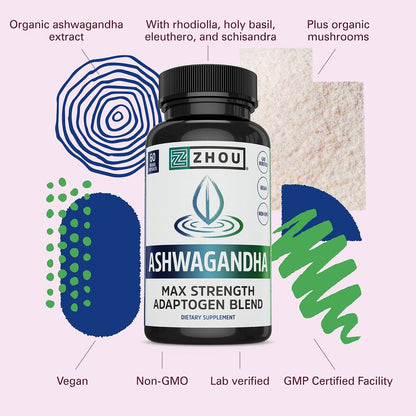 ZHOU Ashwagandha Kapseln – Stimmungsaufheller, Energie-Booster mit Rhodiola, Heiliges Basilikum, Cordyceps, Reishi & Ashwagandha – 60 Kapseln
