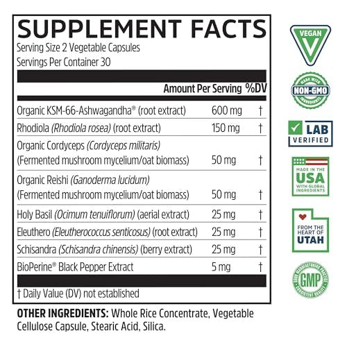ZHOU Ashwagandha Kapseln – Stimmungsaufheller, Energie-Booster mit Rhodiola, Heiliges Basilikum, Cordyceps, Reishi & Ashwagandha – 60 Kapseln
