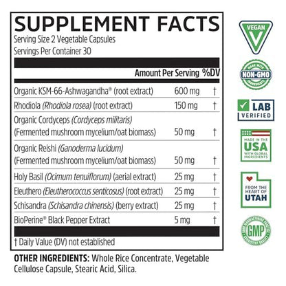 ZHOU Ashwagandha Kapseln – Stimmungsaufheller, Energie-Booster mit Rhodiola, Heiliges Basilikum, Cordyceps, Reishi & Ashwagandha – 60 Kapseln