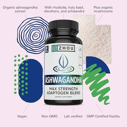 ZHOU Ashwagandha Kapseln – Stimmungsaufheller, Energie-Booster mit Rhodiola, Heiliges Basilikum, Cordyceps, Reishi & Ashwagandha – 60 Kapseln