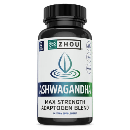 ZHOU Ashwagandha Kapseln – Stimmungsaufheller, Energie-Booster mit Rhodiola, Heiliges Basilikum, Cordyceps, Reishi & Ashwagandha – 60 Kapseln