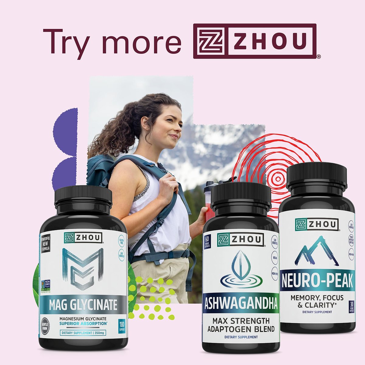 ZHOU Ashwagandha Kapseln – Stimmungsaufheller, Energie-Booster mit Rhodiola, Heiliges Basilikum, Cordyceps, Reishi & Ashwagandha – 60 Kapseln