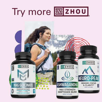 ZHOU Ashwagandha Kapseln – Stimmungsaufheller, Energie-Booster mit Rhodiola, Heiliges Basilikum, Cordyceps, Reishi & Ashwagandha – 60 Kapseln