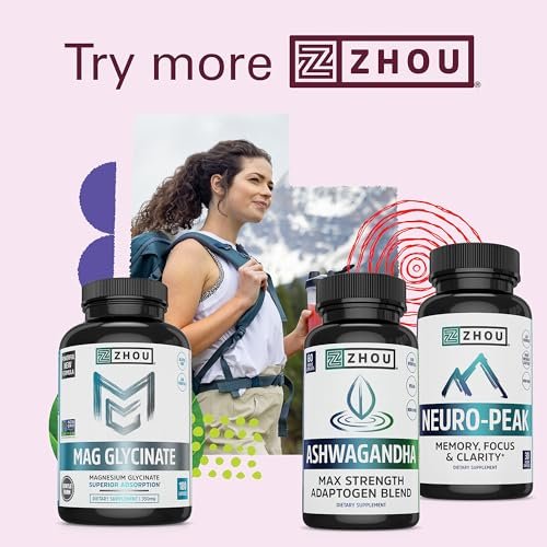 ZHOU Ashwagandha Kapseln – Stimmungsaufheller, Energie-Booster mit Rhodiola, Heiliges Basilikum, Cordyceps, Reishi & Ashwagandha – 60 Kapseln