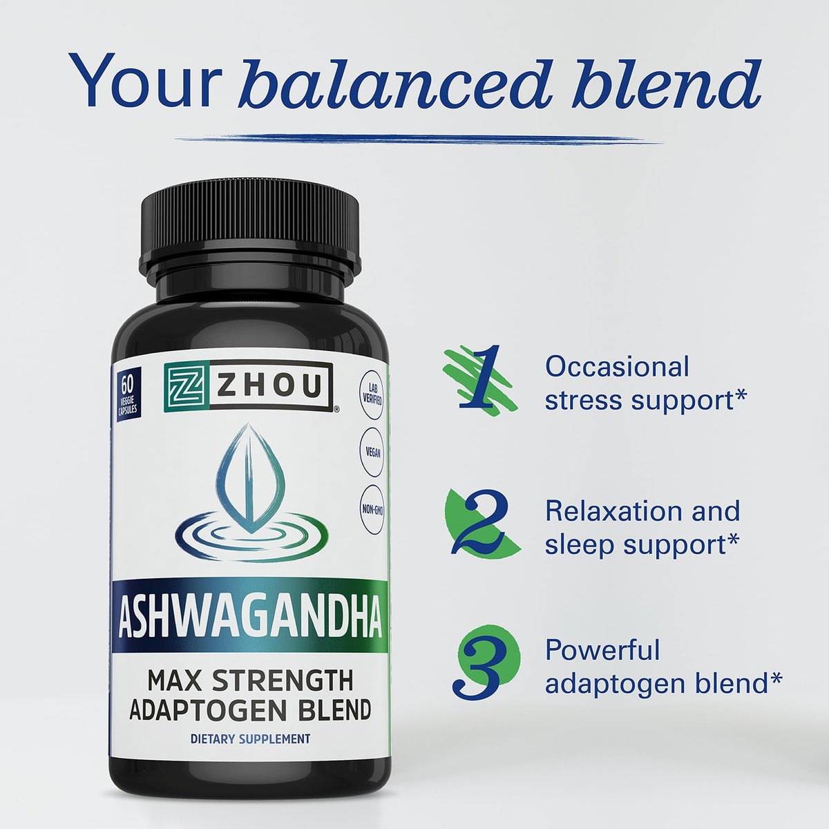 ZHOU Ashwagandha Kapseln – Stimmungsaufheller, Energie-Booster mit Rhodiola, Heiliges Basilikum, Cordyceps, Reishi & Ashwagandha – 60 Kapseln