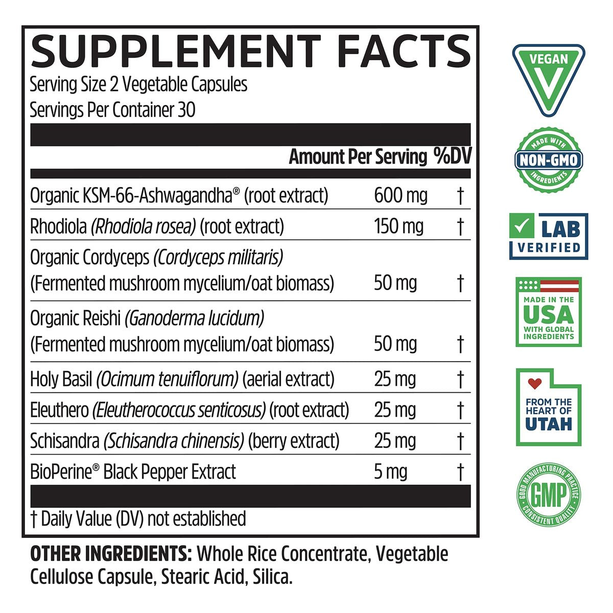 ZHOU Ashwagandha Kapseln – Stimmungsaufheller, Energie-Booster mit Rhodiola, Heiliges Basilikum, Cordyceps, Reishi & Ashwagandha – 60 Kapseln