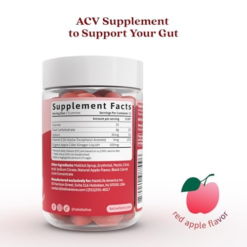 BeLive Apfelessig Gummibärchen – Zuckerfreie ACV Gummis für Entgiftung & Verdauung – Vegane, Keto-freundliche Alternative zu Kapseln – 60 Stück